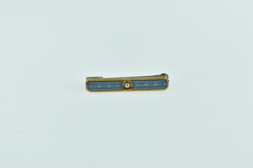 14K 1960's Seed Pearl Blue Enamel Square Bar Pin/Brooch Yellow Gold