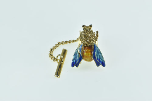14K 1960's Ornate Enamel Honey Bee Fly Lapel Pin/Brooch Yellow Gold