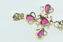 Load image into Gallery viewer, 10K Heart Syn. Ruby Ornate Filigree Cross Pendant Yellow Gold