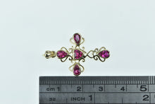 Load image into Gallery viewer, 10K Heart Syn. Ruby Ornate Filigree Cross Pendant Yellow Gold