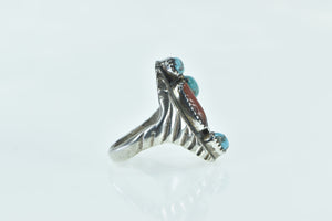 Sterling Silver Southwestern Turquoise Coral Feather Cluster Ring