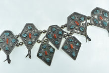 Load image into Gallery viewer, Sterling Silver Southwestern Turquoise Coral Squash Blossom Necklace 28&quot;