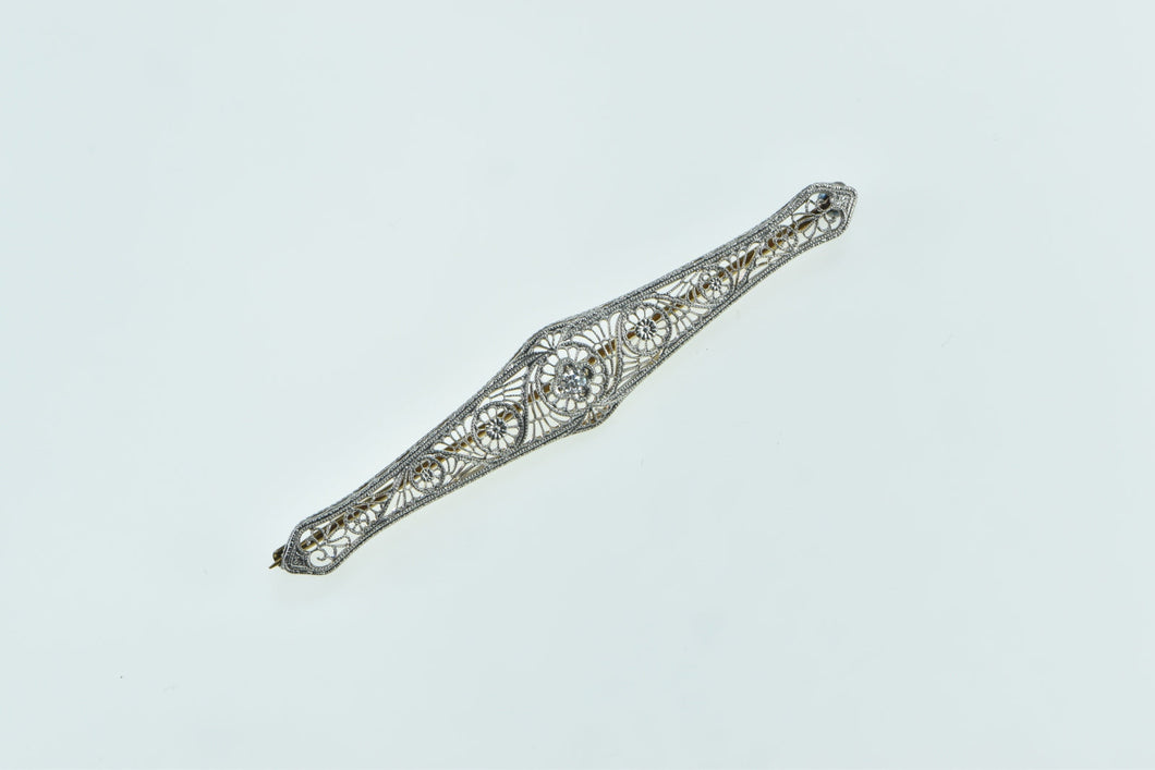 14K Art Deco Ornate Filigree Diamond Floral Pin/Brooch White Gold
