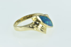 14K Marquise Black Opal Inlay Vintage Bypass Ring Yellow Gold