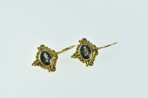 14K Oval Mystic Topaz Ornate Vintage Dangle Earrings Yellow Gold