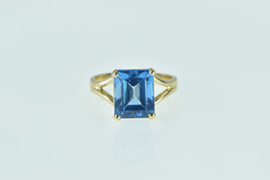 14K Emerald Cut Blue Topaz Solitaire Statement Ring Yellow Gold