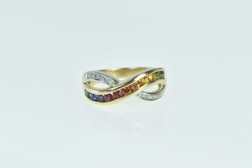 14K Rainbow Sapphire Diamond X Criss Cross Ring Yellow Gold