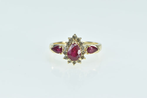 14K Pear Ruby Diamond Halo Engagement Ring Yellow Gold