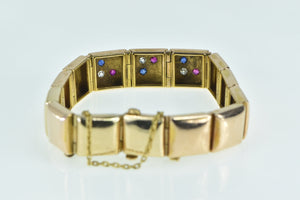 14K 1930's Sapphire Ruby Diamond Flower Square Bracelet 6" Yellow Gold
