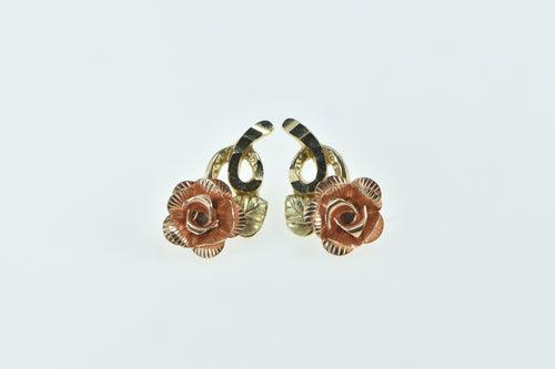 10K 3D Two Tone Flower Rose Vintage Earrings Yellow Gold