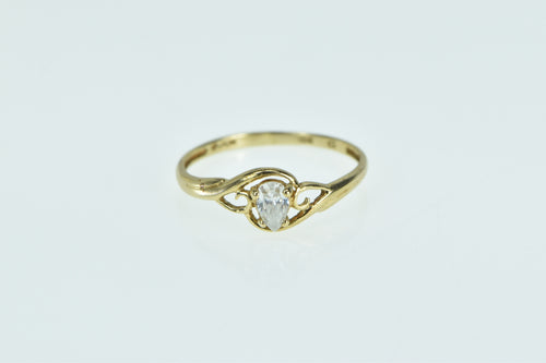 10K Pear Scroll CZ Solitaire Travel Engagement Ring Yellow Gold