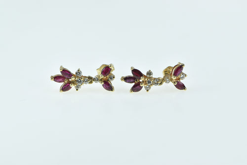 10K Marquise Ruby Flower Vintage Dangle Earrings Yellow Gold
