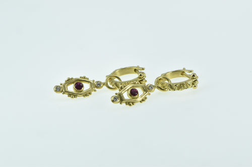18K Ornate Hoop Diamond Ruby Charm Dangle Earrings Yellow Gold
