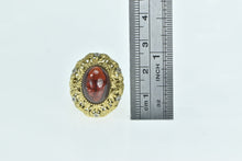 Load image into Gallery viewer, 14K Oval Garnet Cabochon Diamond Leaf Filigree Ring Yellow Gold