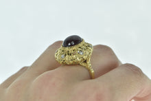 Load image into Gallery viewer, 14K Oval Garnet Cabochon Diamond Leaf Filigree Ring Yellow Gold