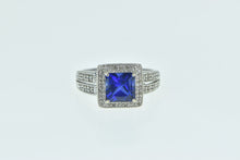 Load image into Gallery viewer, 10K Princess Syn. Sapphire Diamond Halo Statement Ring White Gold