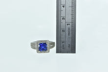 Load image into Gallery viewer, 10K Princess Syn. Sapphire Diamond Halo Statement Ring White Gold