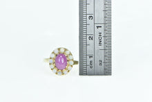 Load image into Gallery viewer, 14K Oval Syn. Star Ruby Opal Halo Statement Ring Yellow Gold