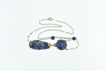 Load image into Gallery viewer, 14K Retro Ornate Carved Lapis Lazuli Floral Drop Necklace 16" Yellow Gold
