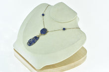 Load image into Gallery viewer, 14K Retro Ornate Carved Lapis Lazuli Floral Drop Necklace 16" Yellow Gold