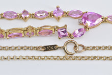 Load image into Gallery viewer, 10K Pear Syn. Pink Sapphire Drop Chain Chevron Necklace 18.5" Yellow Gold