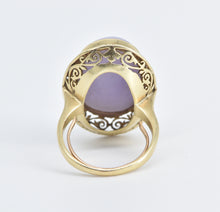 Load image into Gallery viewer, 10K Elaborate Filigree Oval Lilac Jade Cabochon Ring Yellow Gold