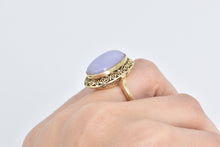 Load image into Gallery viewer, 10K Elaborate Filigree Oval Lilac Jade Cabochon Ring Yellow Gold