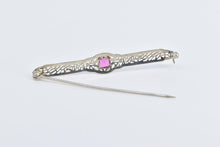 Load image into Gallery viewer, 10K Art Deco Filigree Sim. Pink Sapphire Bar Pin/Brooch White Gold