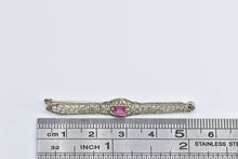 Load image into Gallery viewer, 10K Art Deco Filigree Sim. Pink Sapphire Bar Pin/Brooch White Gold