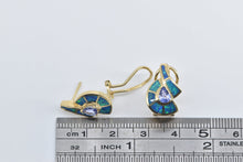 Load image into Gallery viewer, 14K Pear Tanzanite Black Opal Inlay French Clip Earrings Yellow Gold