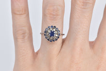 Load image into Gallery viewer, Platinum Sapphire Diamond Halo Cluster Halo Statement Ring