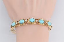 Load image into Gallery viewer, 14K Natural Turquoise Diamond Floral Bangle Bracelet 6.75" Yellow Gold
