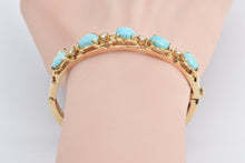 Load image into Gallery viewer, 14K Natural Turquoise Diamond Floral Bangle Bracelet 6.75" Yellow Gold