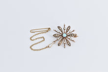 Load image into Gallery viewer, 14K Victorian Ornate Opal Seed Pearl Flower Chain Pin/Brooch Yellow Gold
