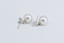 Load image into Gallery viewer, 14K Pearl Pave Diamond Butterfly Dangle Fashion Earrings White Gold