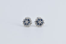 Load image into Gallery viewer, 14K Diamond Sapphire Flower Halo Cluster Stud Earrings White Gold