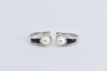 Load image into Gallery viewer, 10K Pearl Black Onyx Diamond Hoop Statement Earrings White Gold