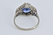Load image into Gallery viewer, 14K Art Deco Oval Filigree Syn. Sapphire Ring White Gold