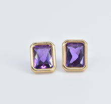 Load image into Gallery viewer, 14K Emerald Cut Amethyst Bezel Vintage Stud Earrings Yellow Gold