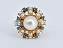 Load image into Gallery viewer, 18K Victorian Pearl Emerald Flower Cocktail Ring Yellow Gold