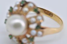 Load image into Gallery viewer, 18K Victorian Pearl Emerald Flower Cocktail Ring Yellow Gold