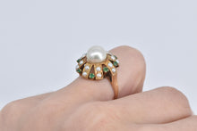 Load image into Gallery viewer, 18K Victorian Pearl Emerald Flower Cocktail Ring Yellow Gold