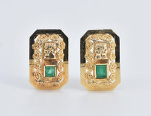 Load image into Gallery viewer, 18K Natural Emerald Ornate Etruscan Revival Earrings Yellow Gold