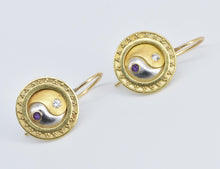Load image into Gallery viewer, 18K Platinum Diamond Amethyst Yin Yang Dangle Earrings Yellow Gold