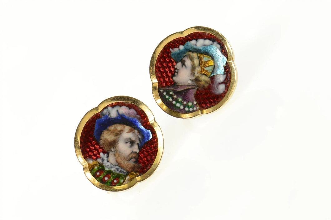 14K Victorian Painted Portrait Statement Screw Back Earrings Yellow Gold