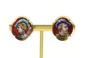 14K Victorian Painted Portrait Statement Screw Back Earrings Yellow Gold