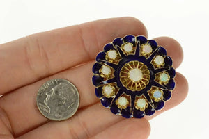 14K Victorian Scalloped Blue Enamel Opal Ornate Pendant/Pin Yellow Gold