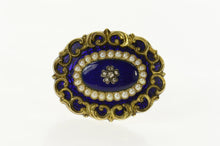 Load image into Gallery viewer, 14K Victorian Blue Enamel Diamond Pearl Mourning Pin/Brooch Yellow Gold