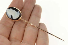 Load image into Gallery viewer, 14K Carved Black Agate Cameo Oval Ornate Stick Pin Yellow Gold