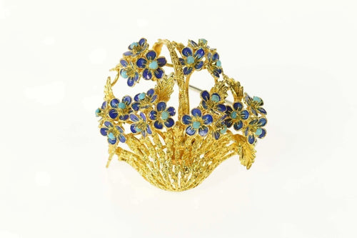 18K Turquoise Enamel Flower Bouquet Basket Pin/Brooch Yellow Gold